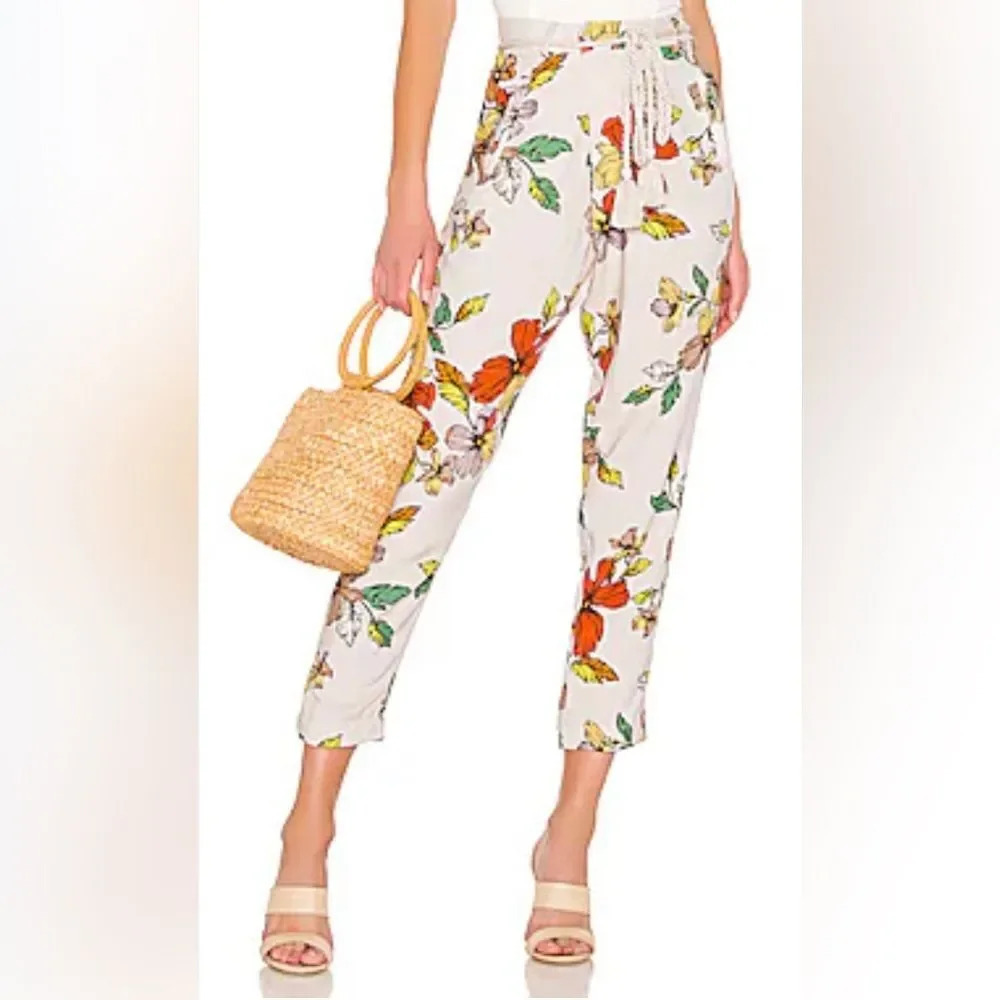 House of Harlow 1960 Floral White Cropped Tie-Waist Trousers